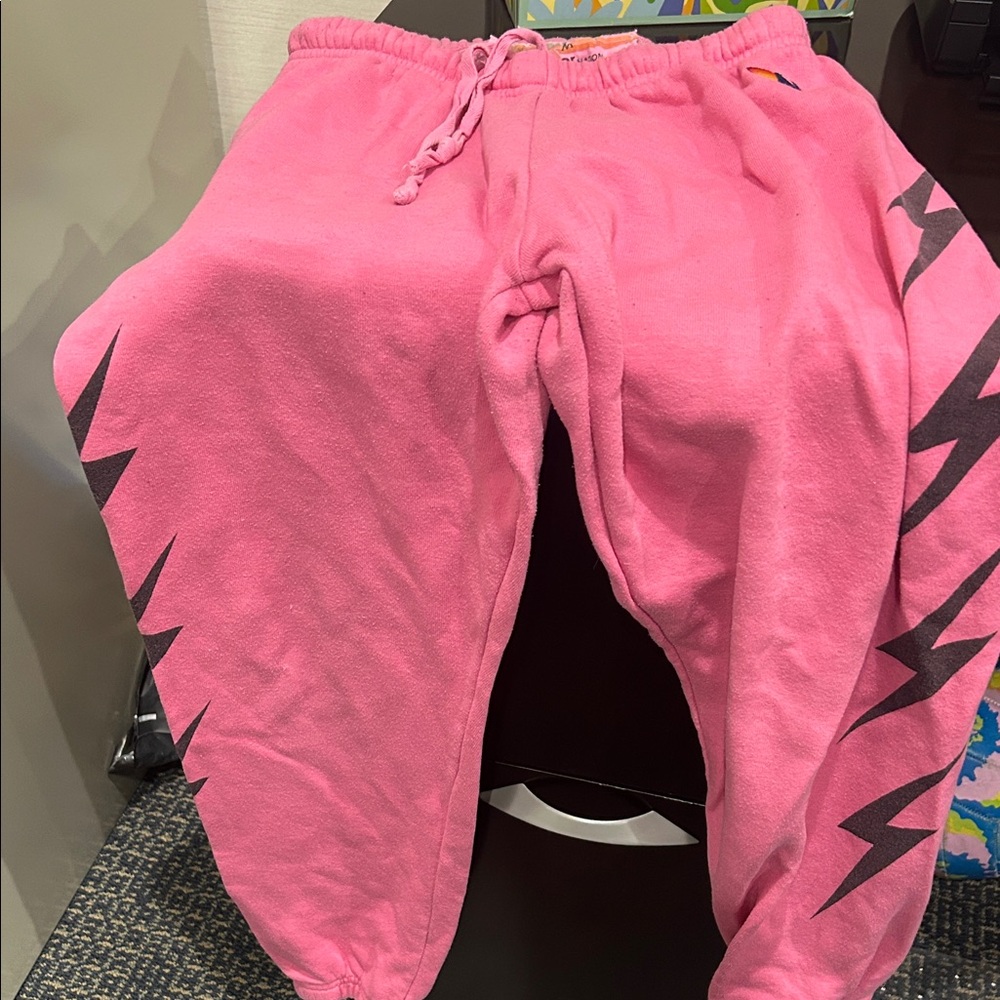 Pink Aviator Nation sweatpants with Lightning bolt